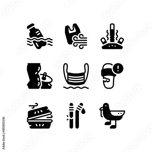 Black Set of Dirty beach glyph icon and illustration