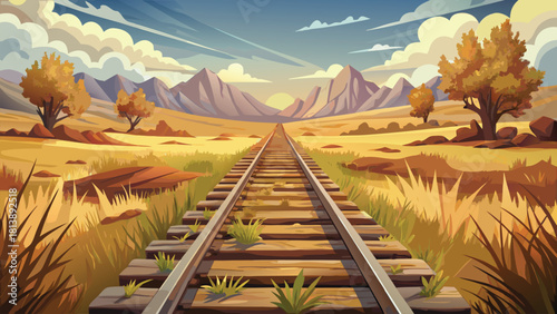 Serene farmland view with a rustic railway crossing path vector illustration ai generated art
