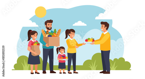 Community Food Distribution Scene with Happy Family Receiving Supplies Outdoors