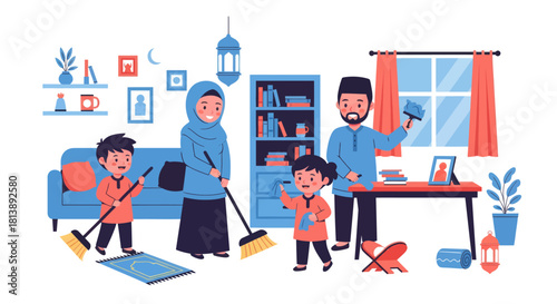 Family Household Cleaning Scene with Children and Adults Engaged in Chores