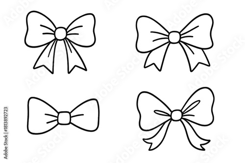 Four hand-drawn outline bows and ribbons in doodle style for decoration and gifts