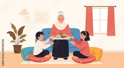 Warm family gathering with grandmother serving traditional homemade snacks in