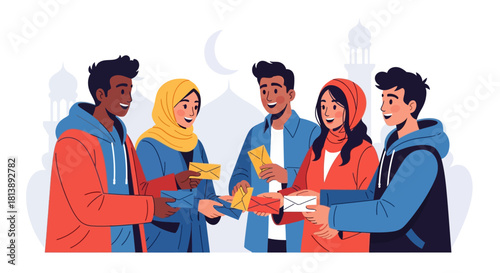 Joyful group of diverse young adults exchanging gifts outdoors with a