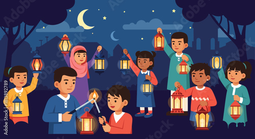 Children Celebrating Lantern Festival in a Nighttime Park with Family and