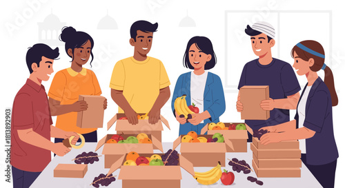 Diverse group of young volunteers organizing fresh produce at community food