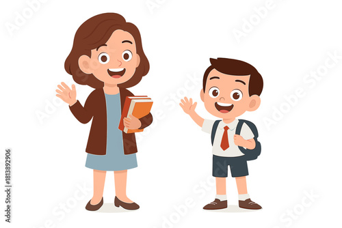 Female teacher and schoolboy student waving hello on first day of school