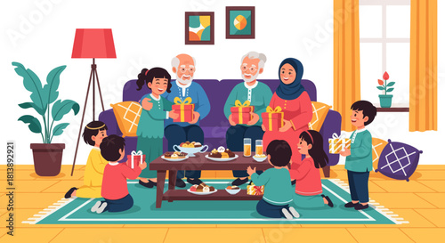 Joyful family celebration with grandparents and grandchildren in cozy living