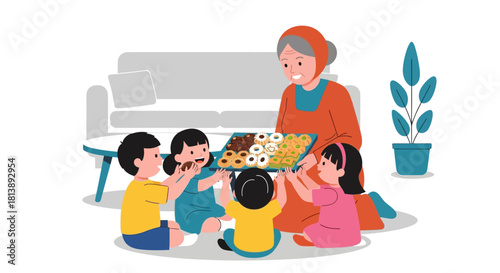 A caring grandmother engaging children in a fun baking activity at home with a