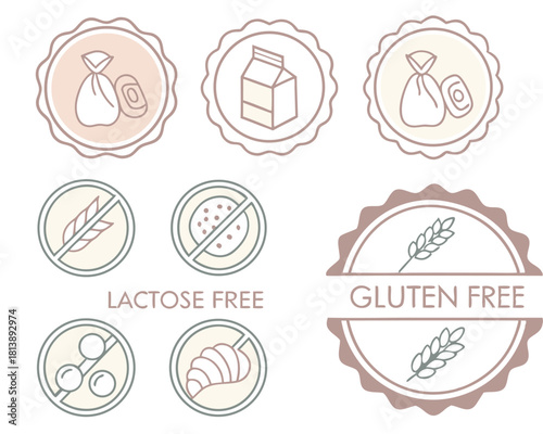 Set of minimalist icon designs showcasing dairy free gluten free and other food allergy attributes