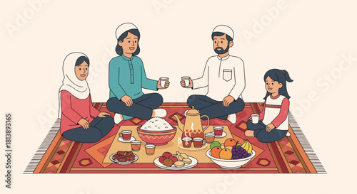 family enjoying traditional Ramadan iftar meal together on a decorated rug