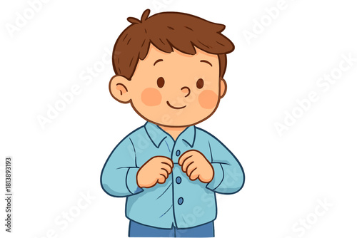 Cute cartoon boy learning to button his light blue shirt independently