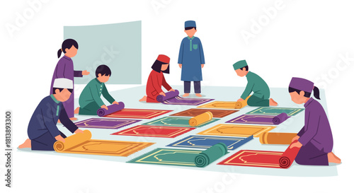 Children engaging in traditional textile craft work through weaving and fabric