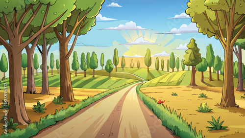 Tall trees rising from a dense tropical jungle at warm sunrise vector illustration ai generated art