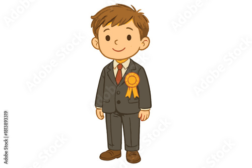 Cheerful young boy in formal suit and tie wearing gold award rosette