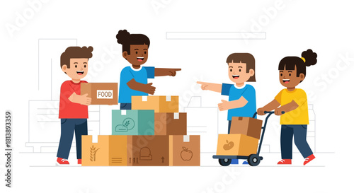 Diverse group of children exchanging food items and helping each other at a