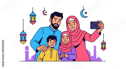 Happy Muslim Family Taking Selfie During Cultural Festival Celebration with