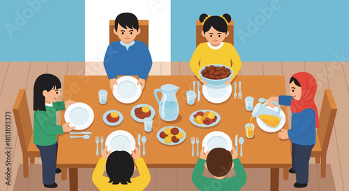 family enjoying breakfast together around a wooden dining table with diverse