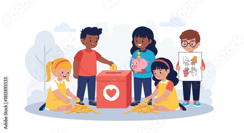 Children Engaging in Charitable Activity with a Donation Box and Coins in a