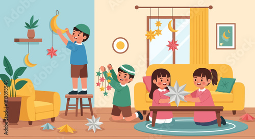 Children decorating their living room with hanging stars and moon decorations