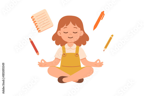 Child student practicing mindfulness meditation with floating pencils and notebook