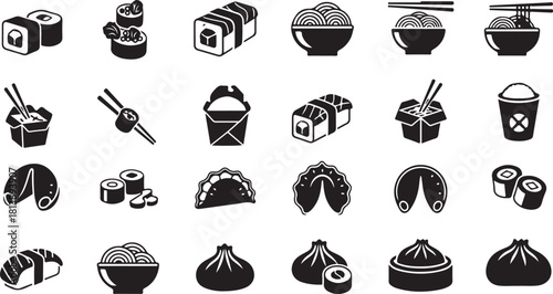 Collection of Asian Food Icons: Sushi, Noodles, Dumplings, and More