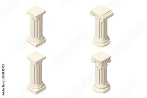 Four isometric classical architectural columns and pedestals with simple and Ionic capitals