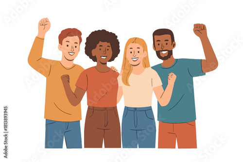 Diverse group of friends celebrating success and unity with raised fists