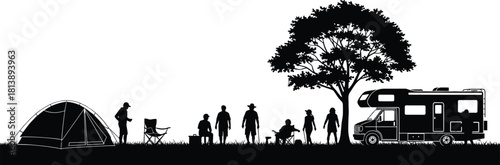 Family and Friends Camping Silhouette Vector, People Relaxing Near RV Motorhome, Tent, and Tree, Outdoor Summer Vacation Adventure