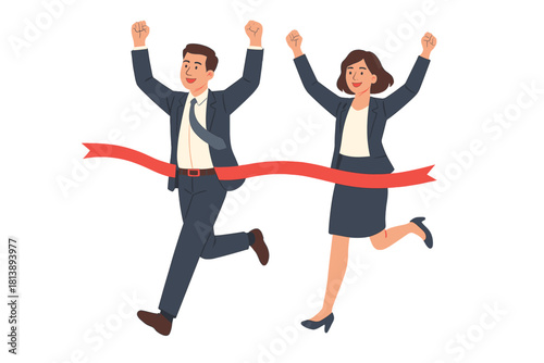 Business colleagues crossing finish line ribbon celebrating teamwork and success