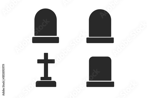 Simple black silhouette collection featuring various gravestones and a religious cross symbol