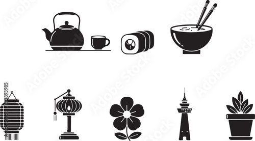 Collection of Asian-inspired icons: tea set, sushi, bowl, lanterns, flower, tower, plant