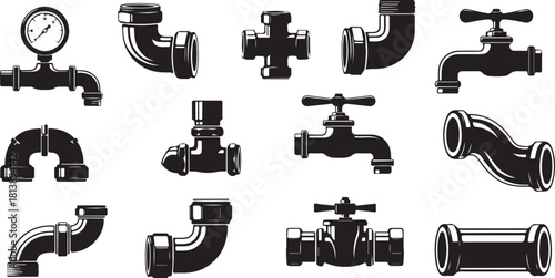 Collection of Black and White Plumbing Fixtures and Pipe Fittings