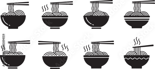 Collection of Black and White Noodle Bowl Icons with Chopsticks
