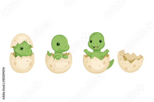 Adorable green baby dinosaur characters hatching from speckled eggs