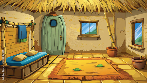 Rural mud house cooking area featuring a clay stove vector illustration ai generated art