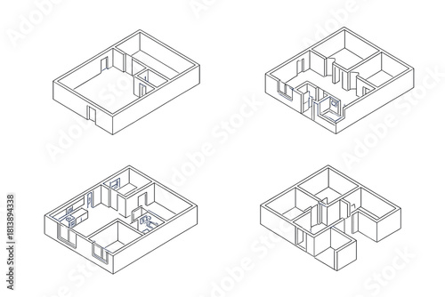 Four different isometric architectural blueprints displaying residential apartment layouts