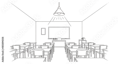 Simple line art illustration of an empty school classroom interior.