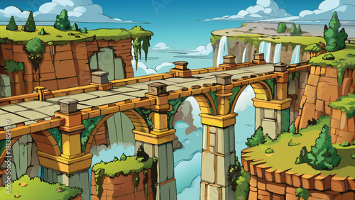 Long stone bridge crossing deep canyon waterfalls vector illustration ai generated art