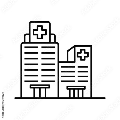 Outline of a modern hospital building with crosses on