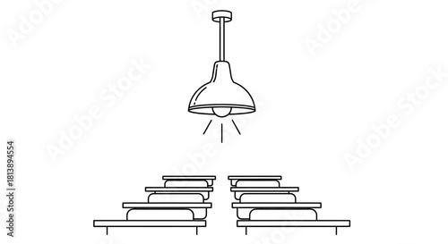 Minimalist illustration of a hanging lamp illuminating stacked objects.