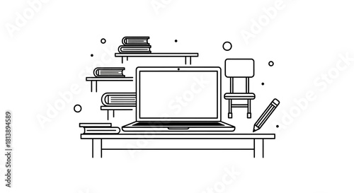 Minimalist Line Art Illustration of a Home Office Workspace with Laptop and Books.
