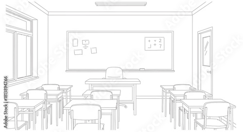 Monochrome line art illustration of an empty school classroom interior.