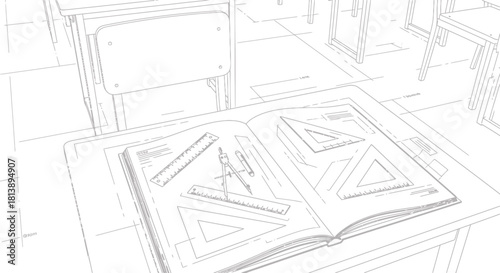 Open textbook with geometry tools on a school desk.