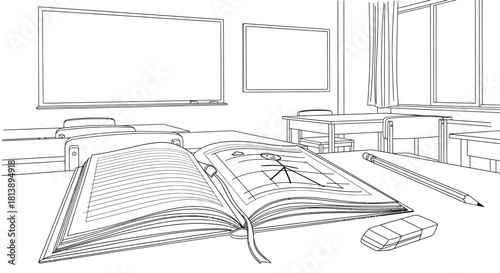 Open textbook with pencil and eraser, ready for learning and studying.