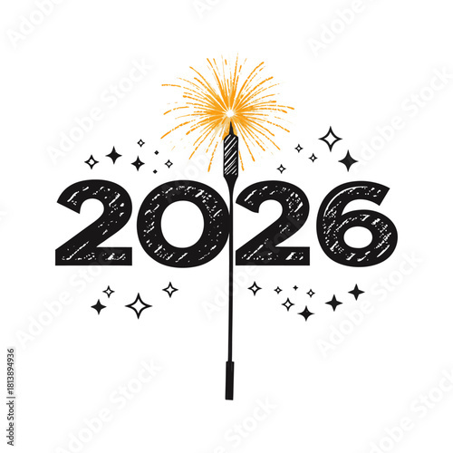 New Year 2026 with sparkler flame top silhouette black filled