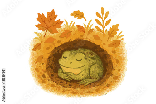 Cute green frog sleeping in a cozy burrow surrounded by autumn leaves and dry grass