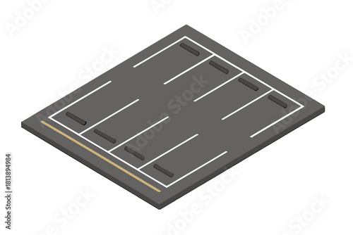Isometric view of an empty outdoor parking lot with marked spaces and curb stops