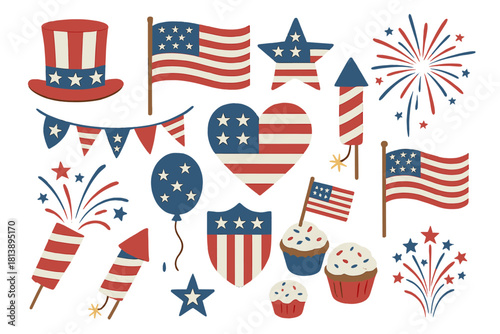 Patriotic American symbols and celebration elements for Independence Day holiday