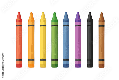 Row of eight colorful wax crayons standing upright against a white background