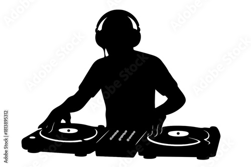 Black silhouette of a disc jockey performing live music mixing on professional turntables and mixer